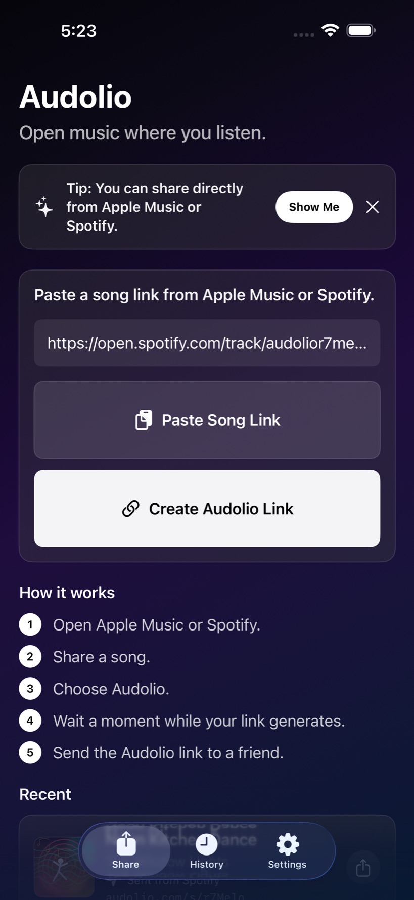Audolio share tab with a pasted song link.