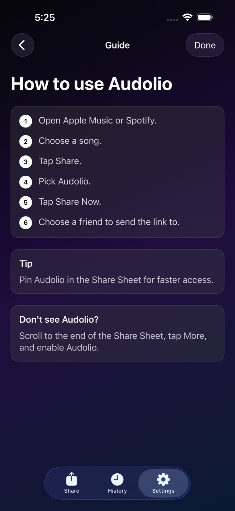 Audolio share sheet guide screen.