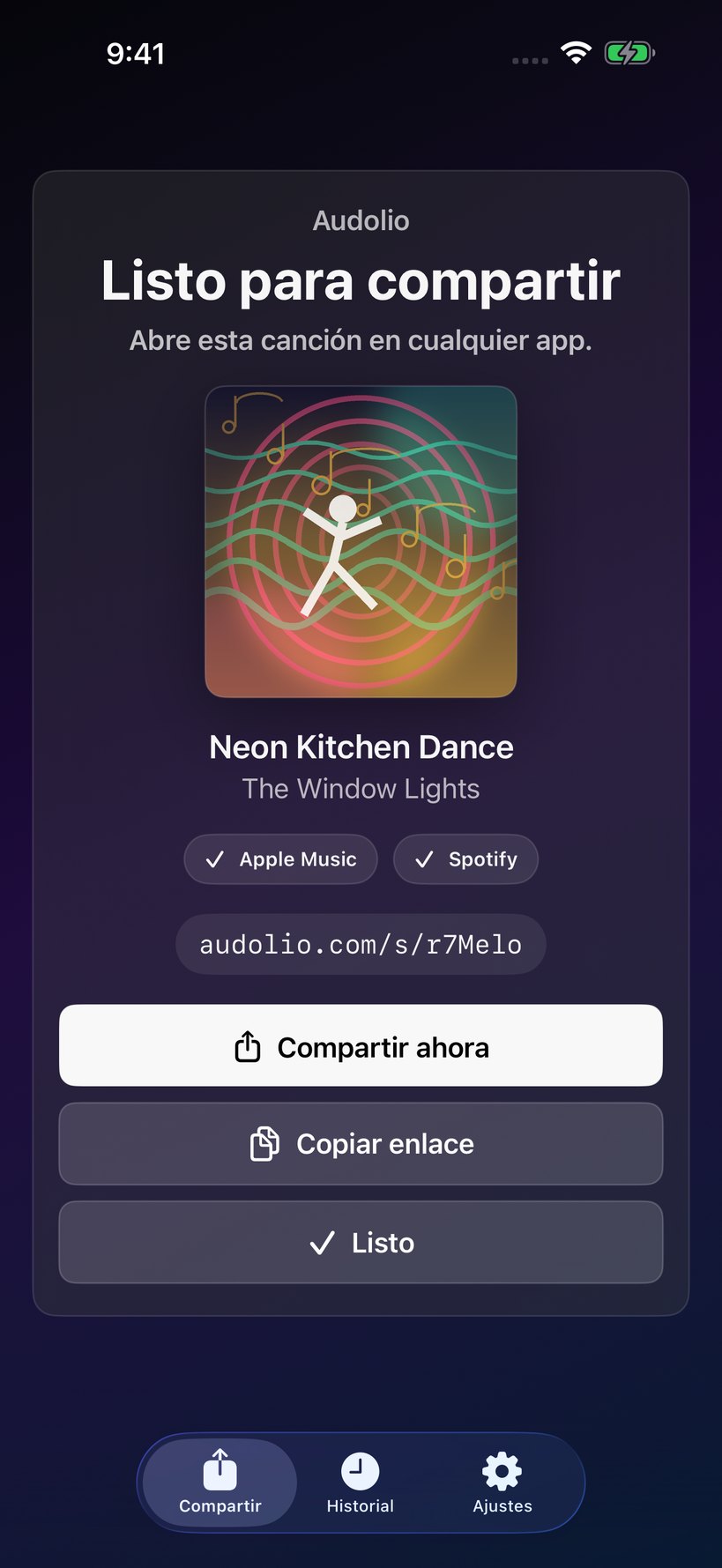 Pantalla de Audolio lista para compartir.