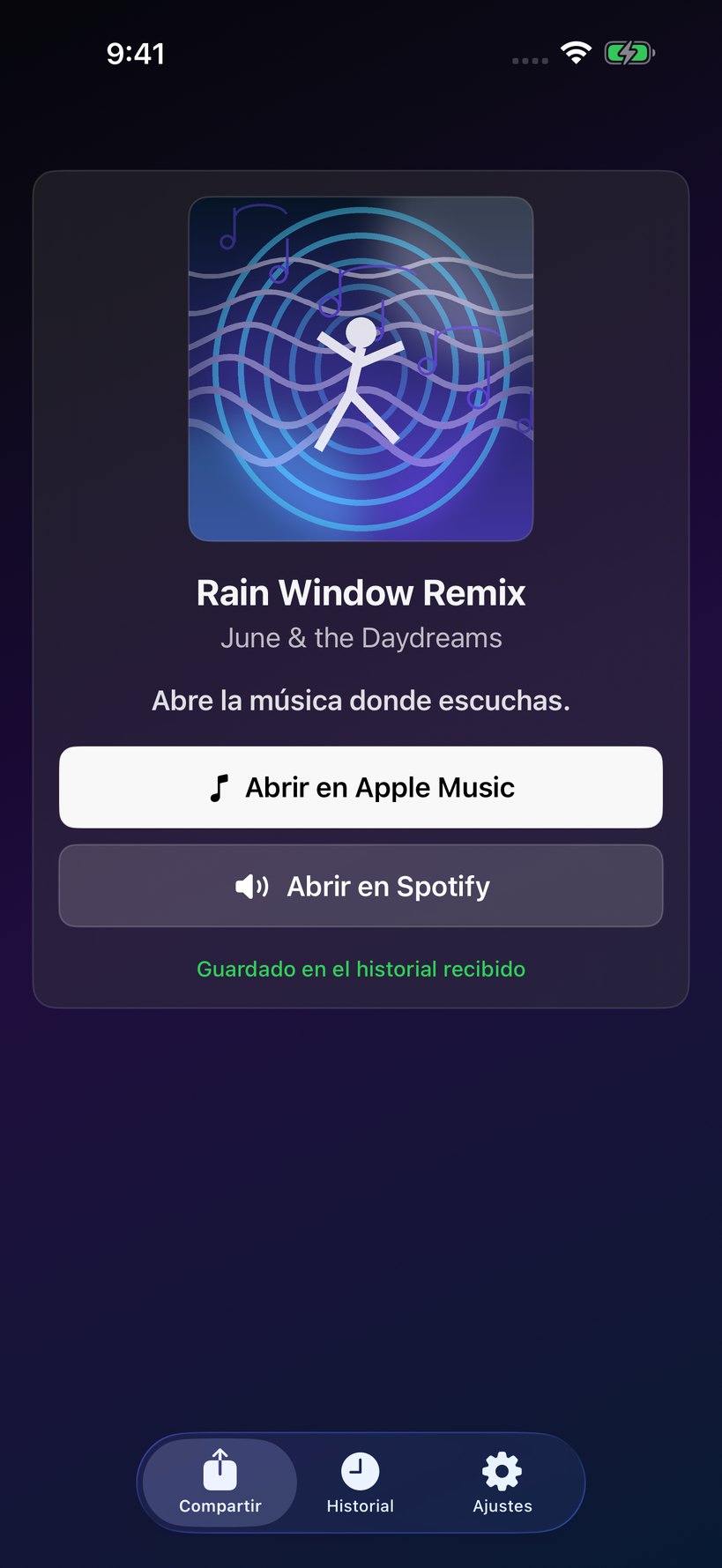 Pantalla de Audolio con Apple Music y Spotify.