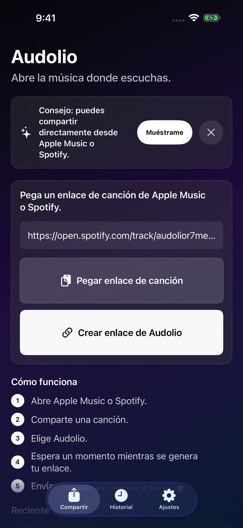 Pestaña Compartir de Audolio con un enlace de canción pegado.