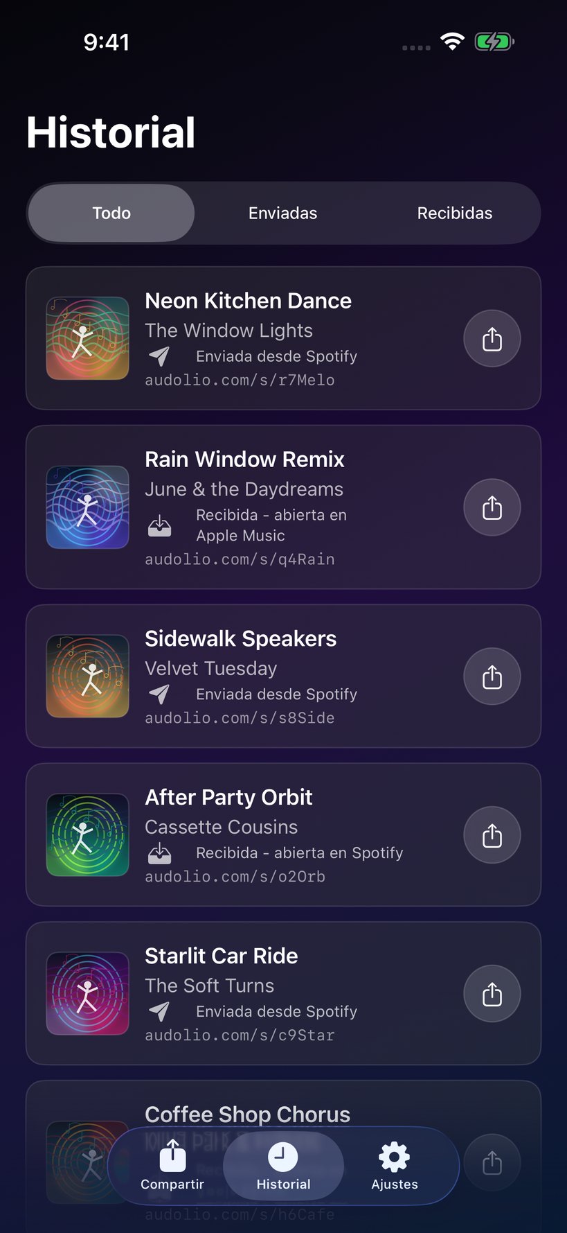 Pantalla de historial de Audolio.