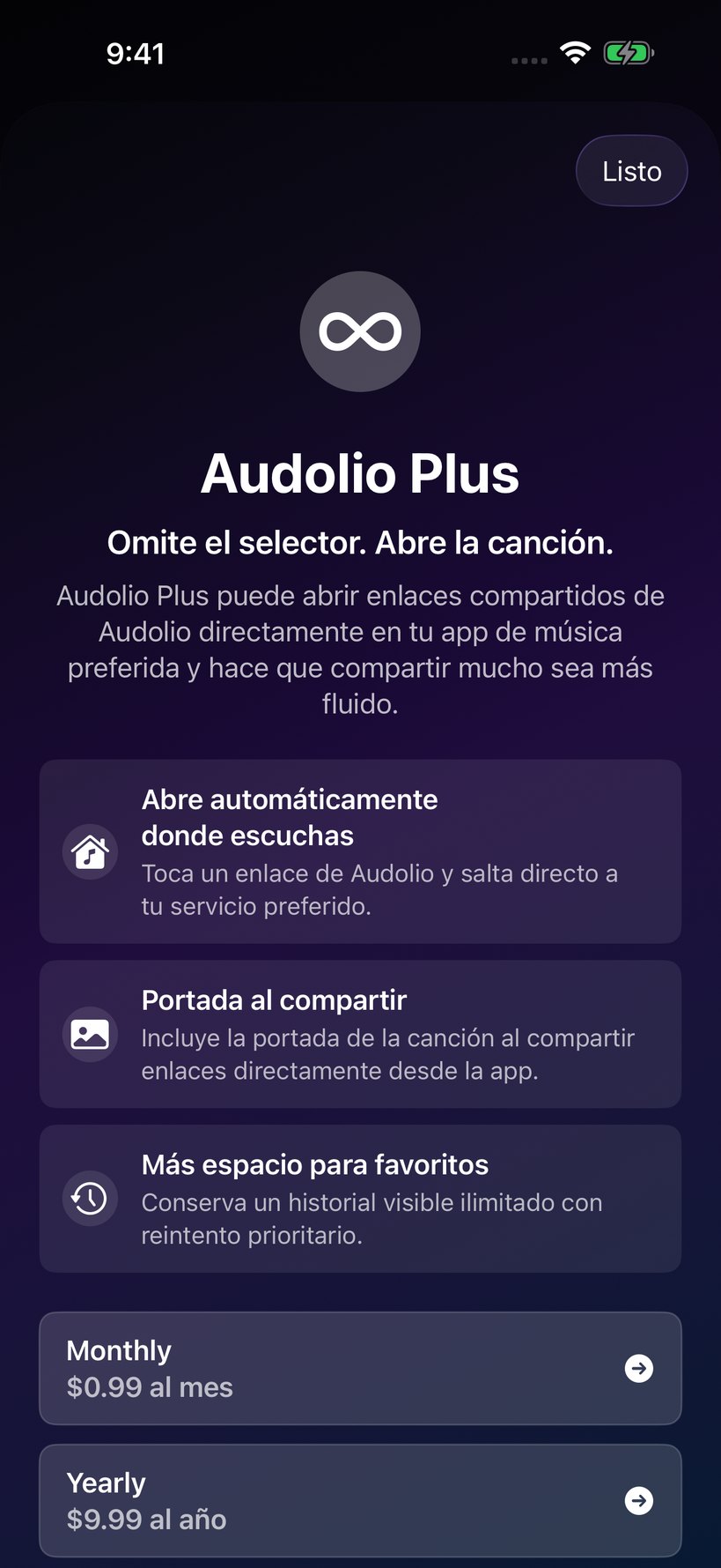 Pantalla de Audolio Plus.