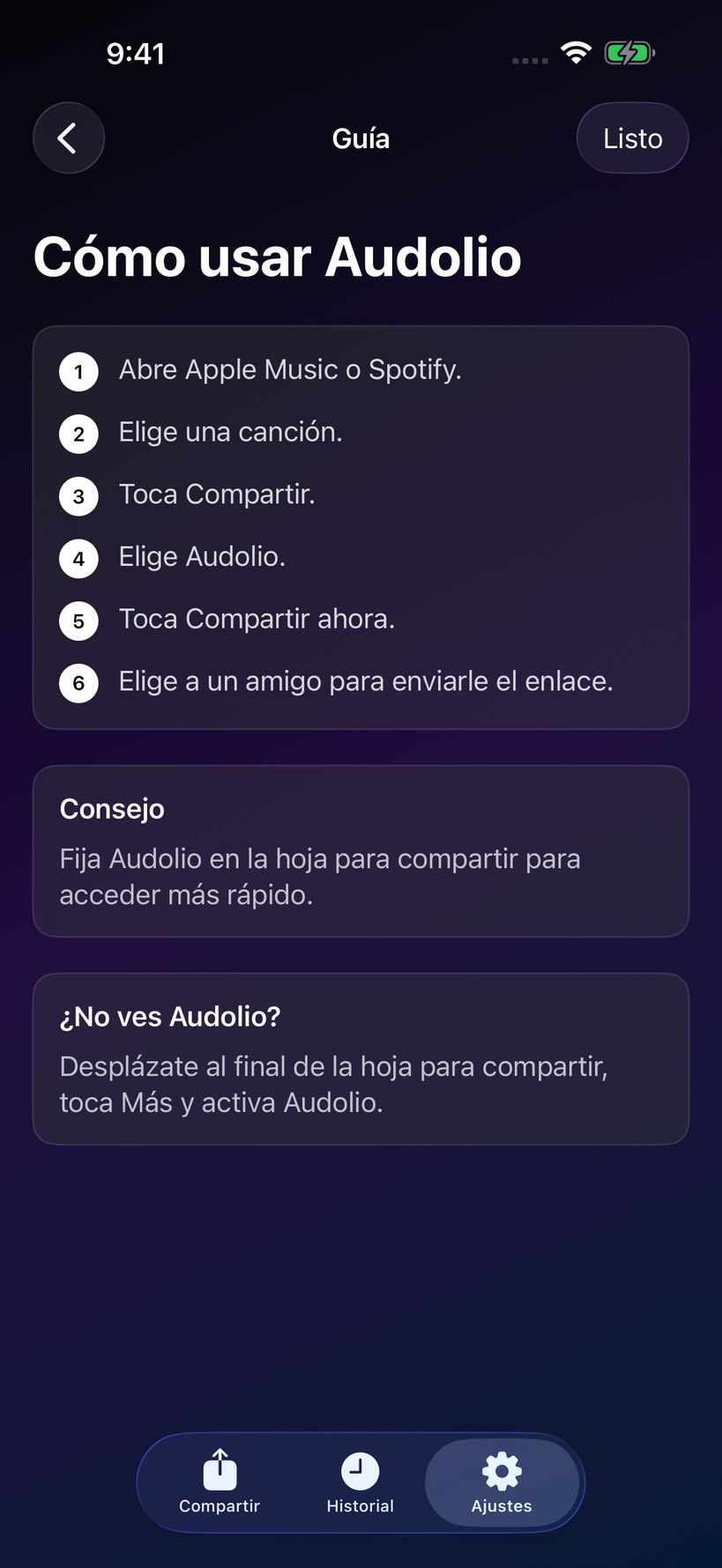 Guía de la hoja para compartir de Audolio.