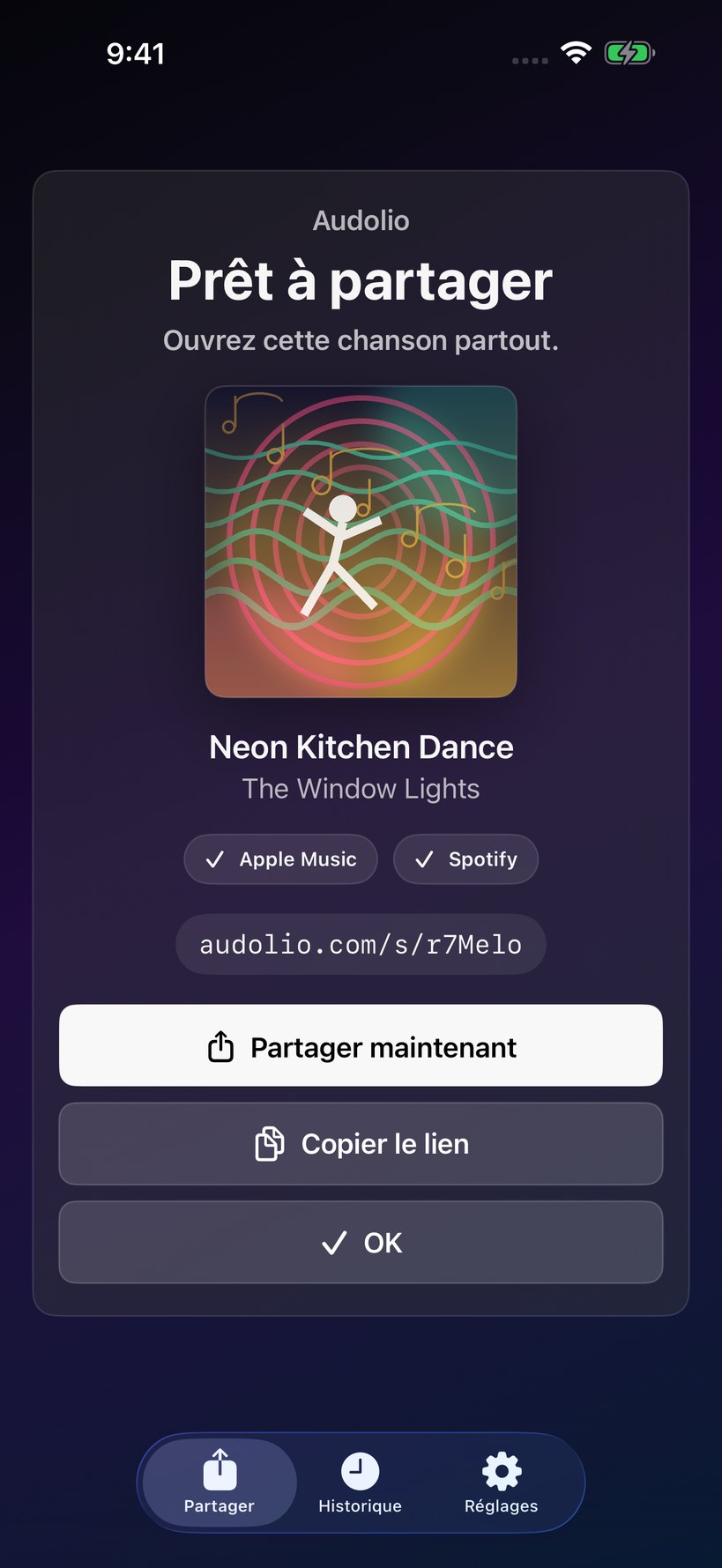 Écran Audolio prêt à partager.