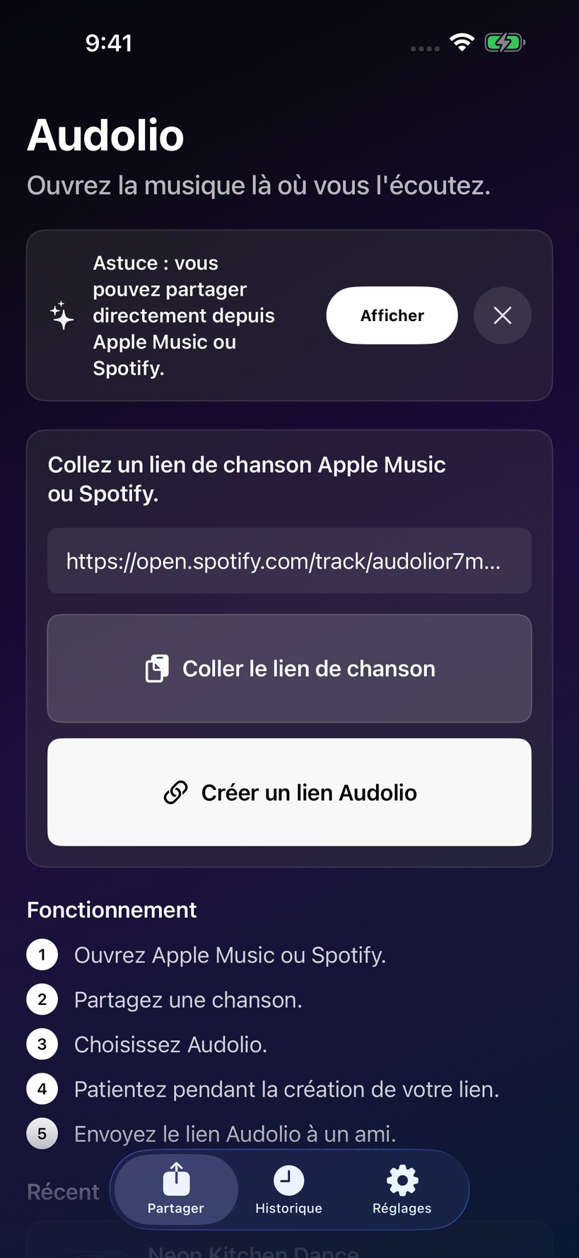 Onglet Partager d'Audolio avec un lien de chanson collé.
