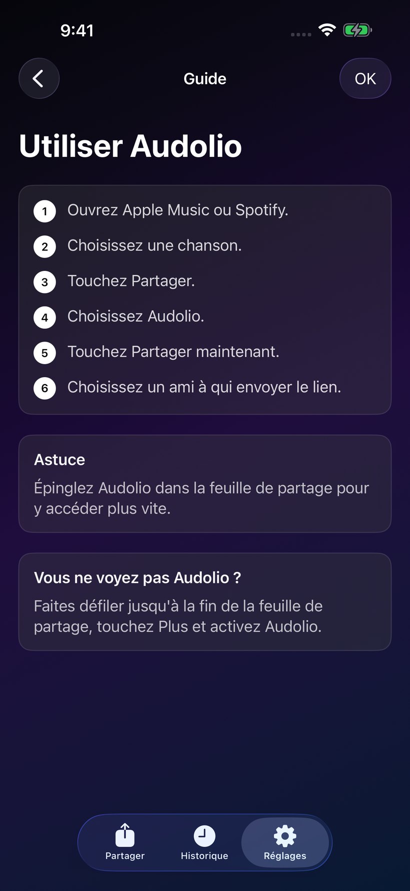Écran guide de la feuille de partage Audolio.