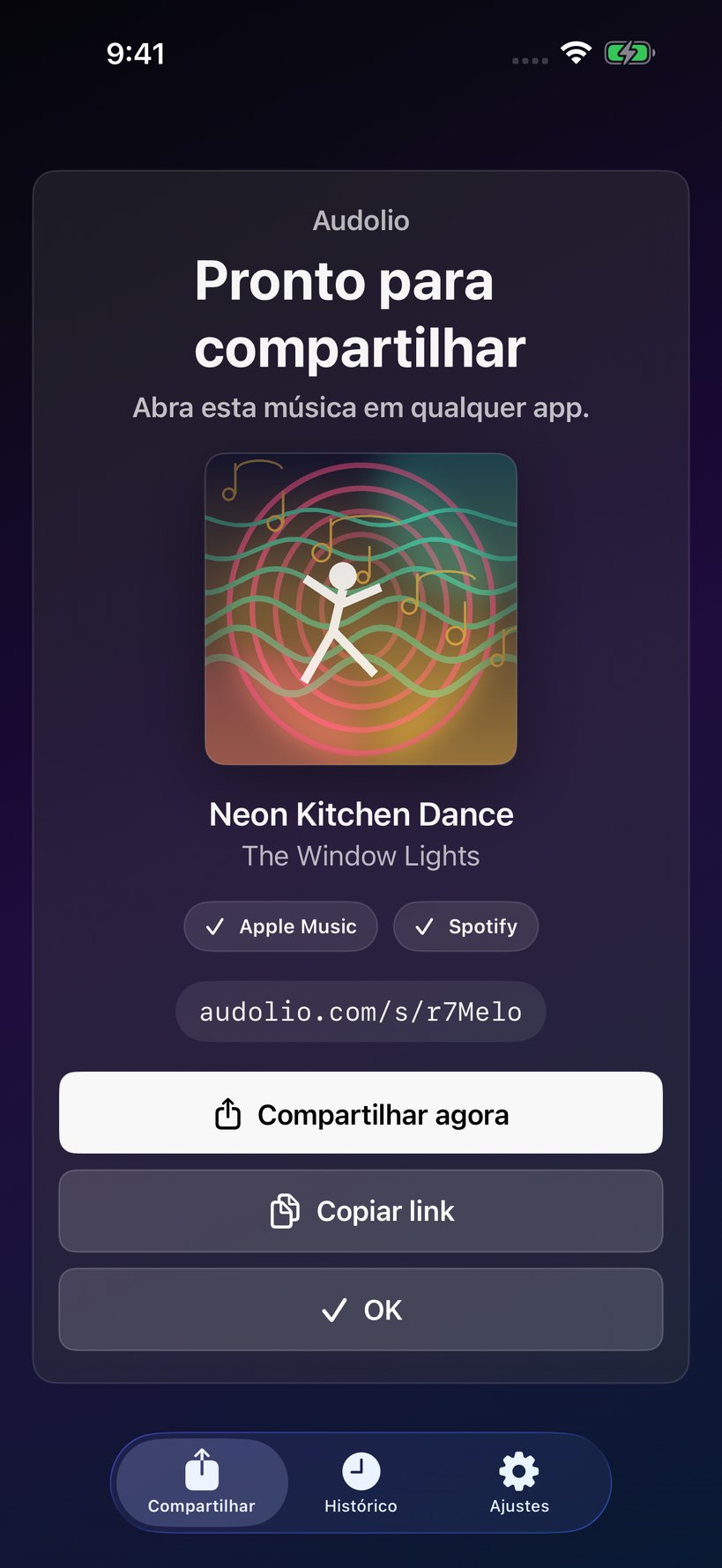 Tela do Audolio pronta para compartilhar.