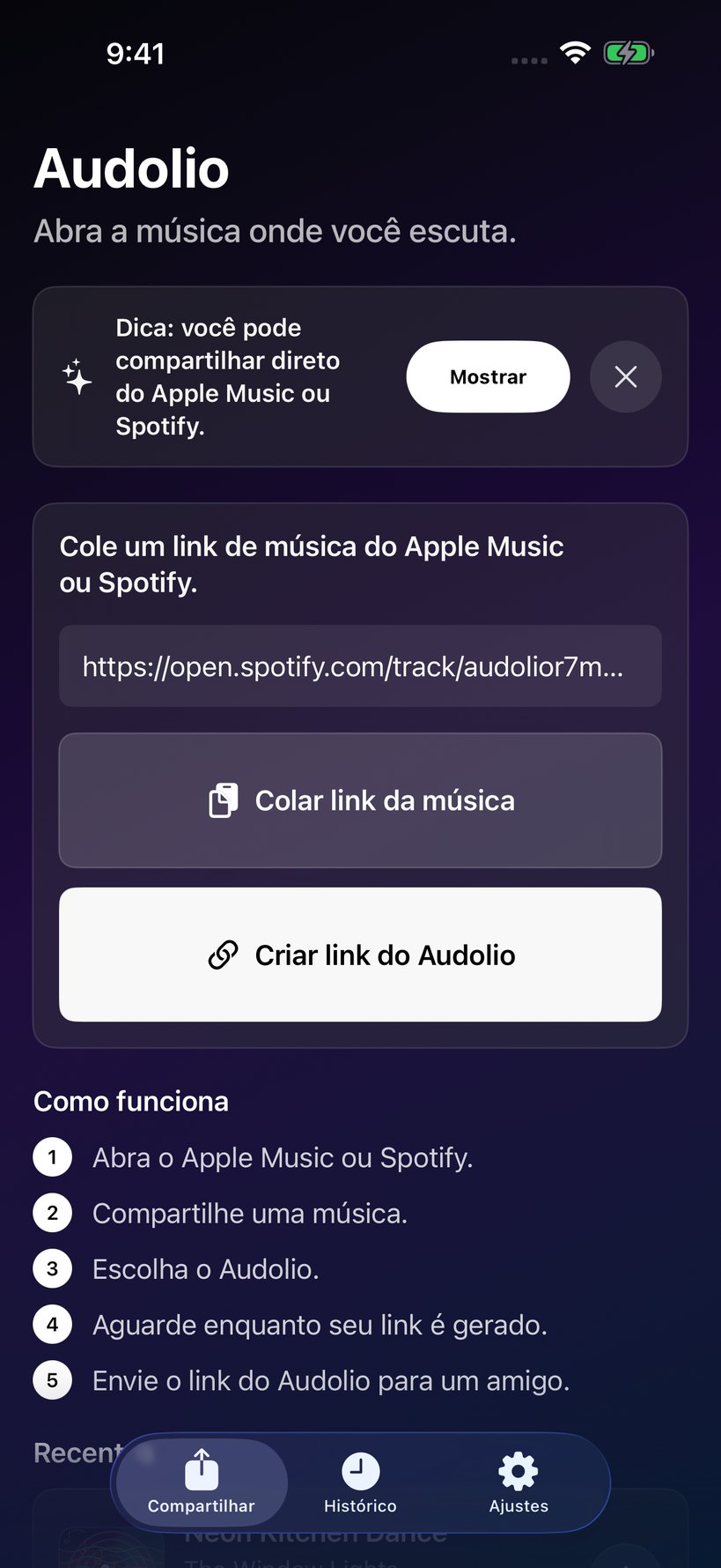 Aba Compartilhar do Audolio com um link de música colado.