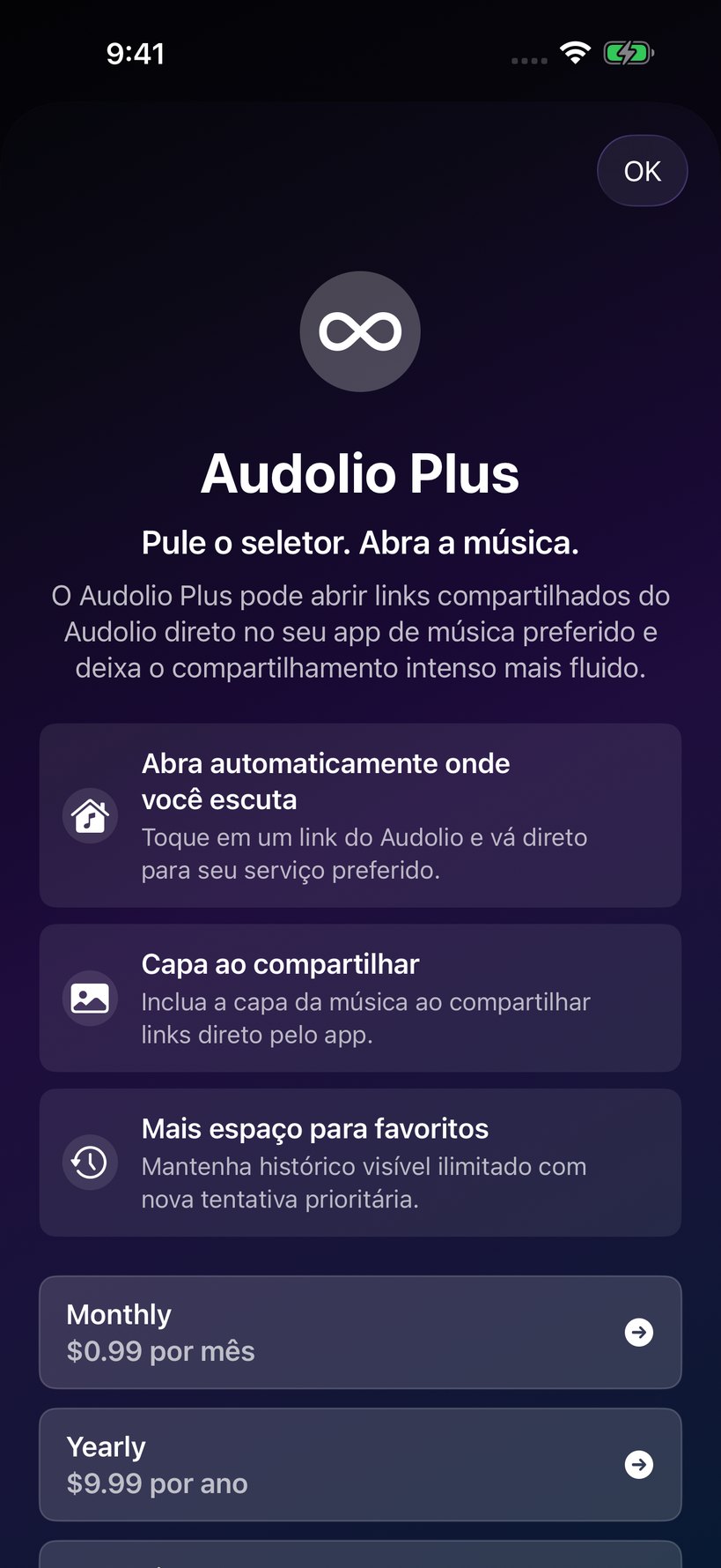 Tela do Audolio Plus.
