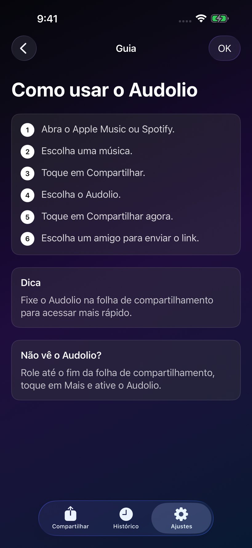 Tela de guia da folha de compartilhamento do Audolio.