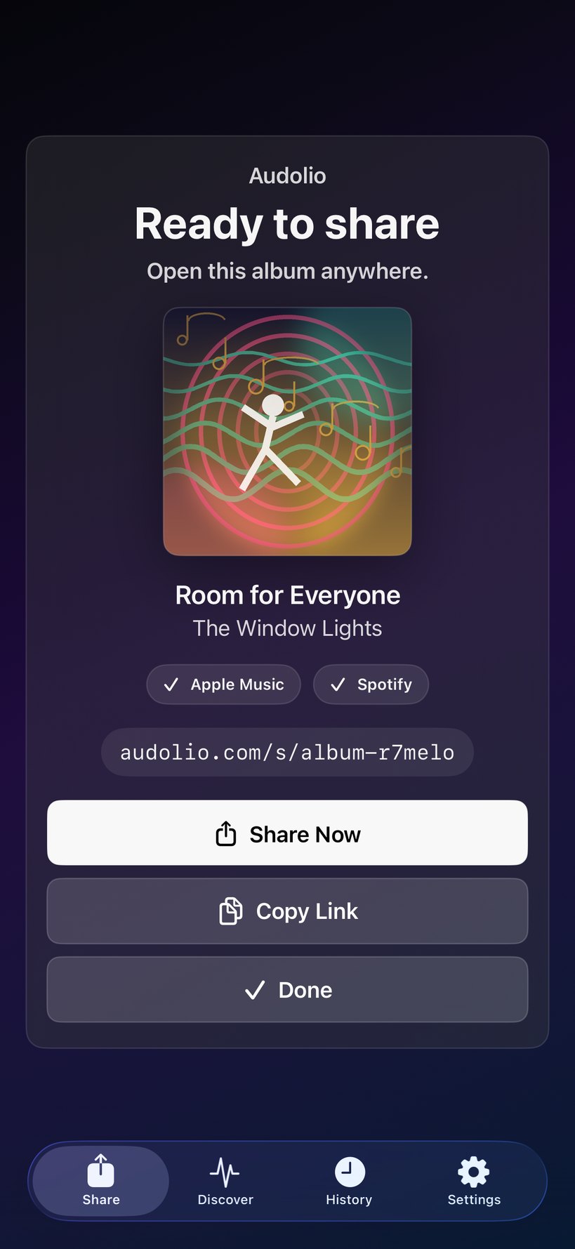 Audolio album ready to share after a confident Apple Music and Spotify match.