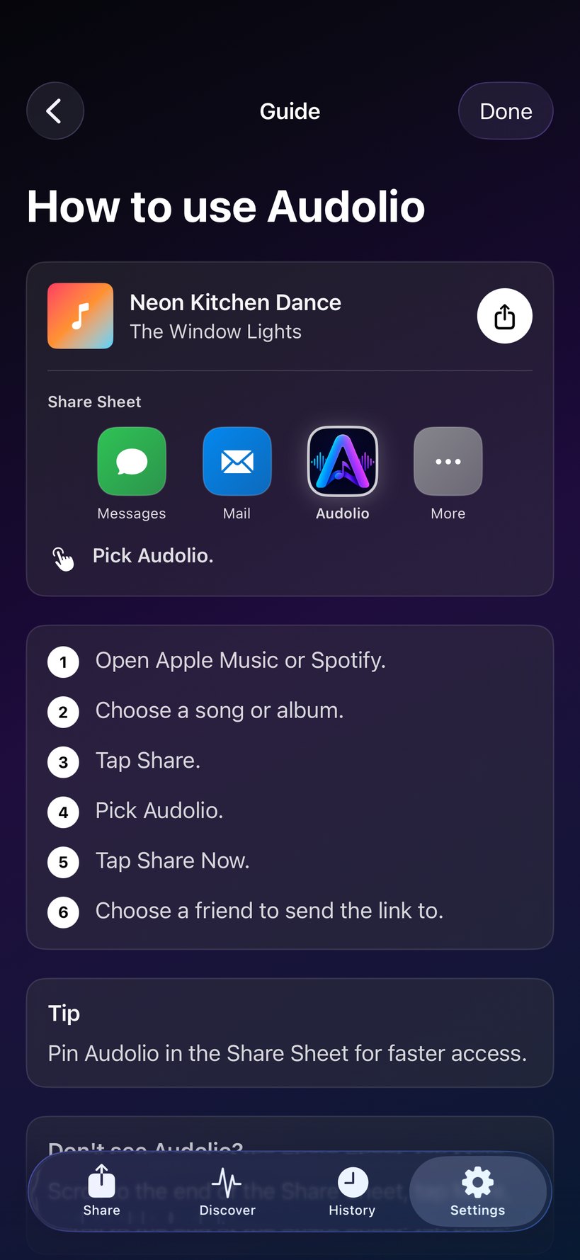 Audolio Share Sheet guide for Apple Music and Spotify.