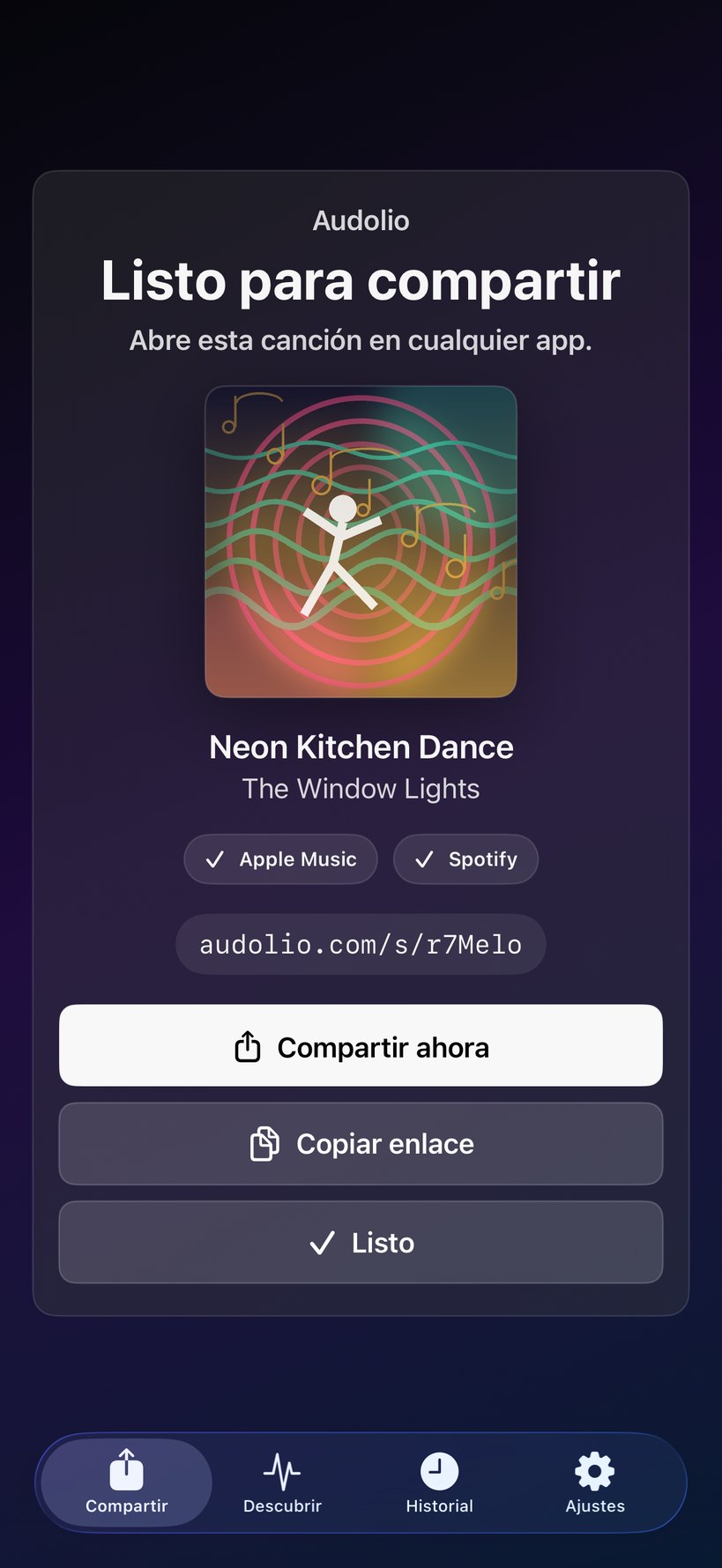 Canción o álbum de Audolio listo para compartir con destinos de Apple Music y Spotify.