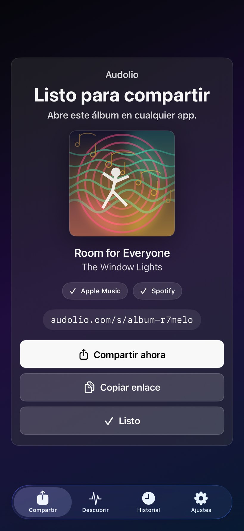 Álbum de Audolio listo para compartir tras verificar la coincidencia entre Apple Music y Spotify.