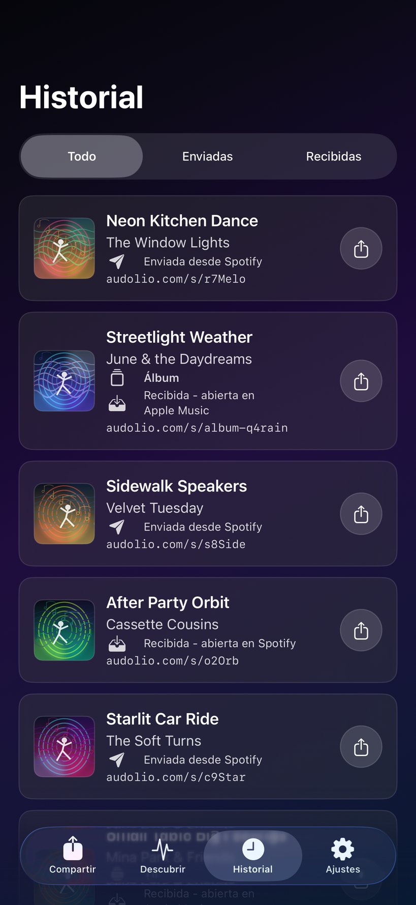 Historial de Audolio con canciones y álbumes compartidos.