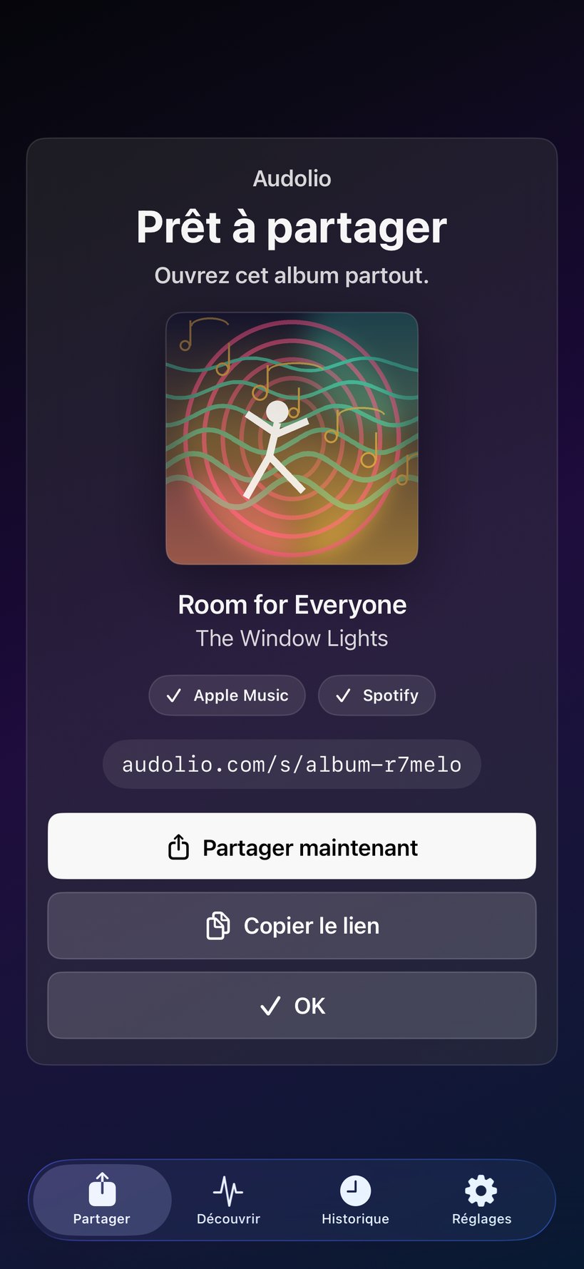 Album Audolio prêt à être partagé après vérification de sa correspondance entre Apple Music et Spotify.