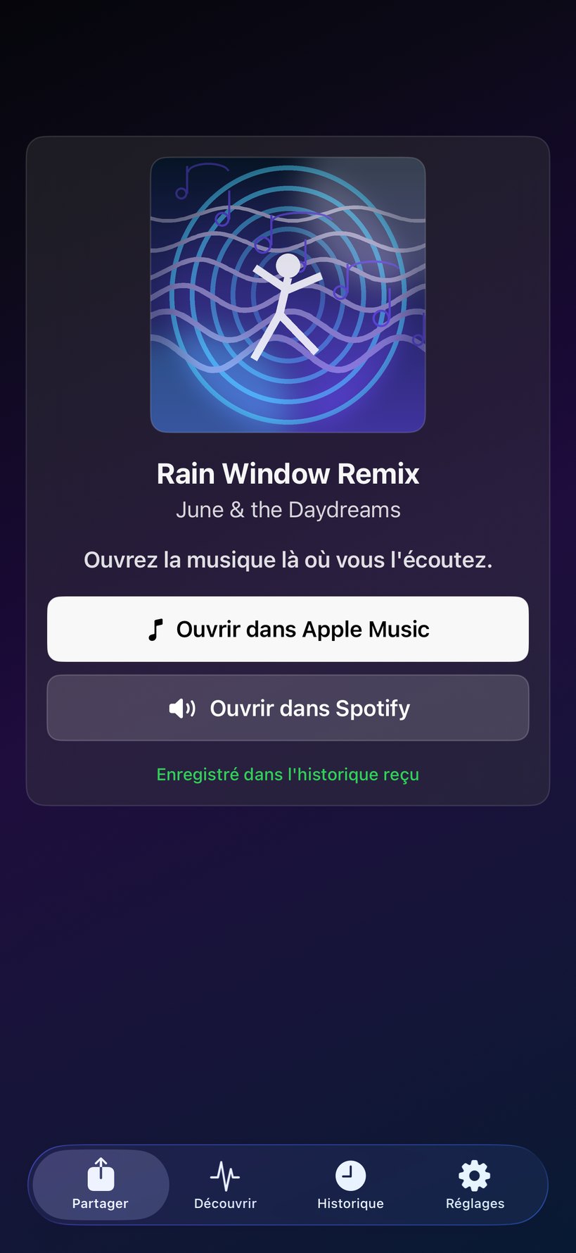 Écran Audolio proposant Apple Music et Spotify.