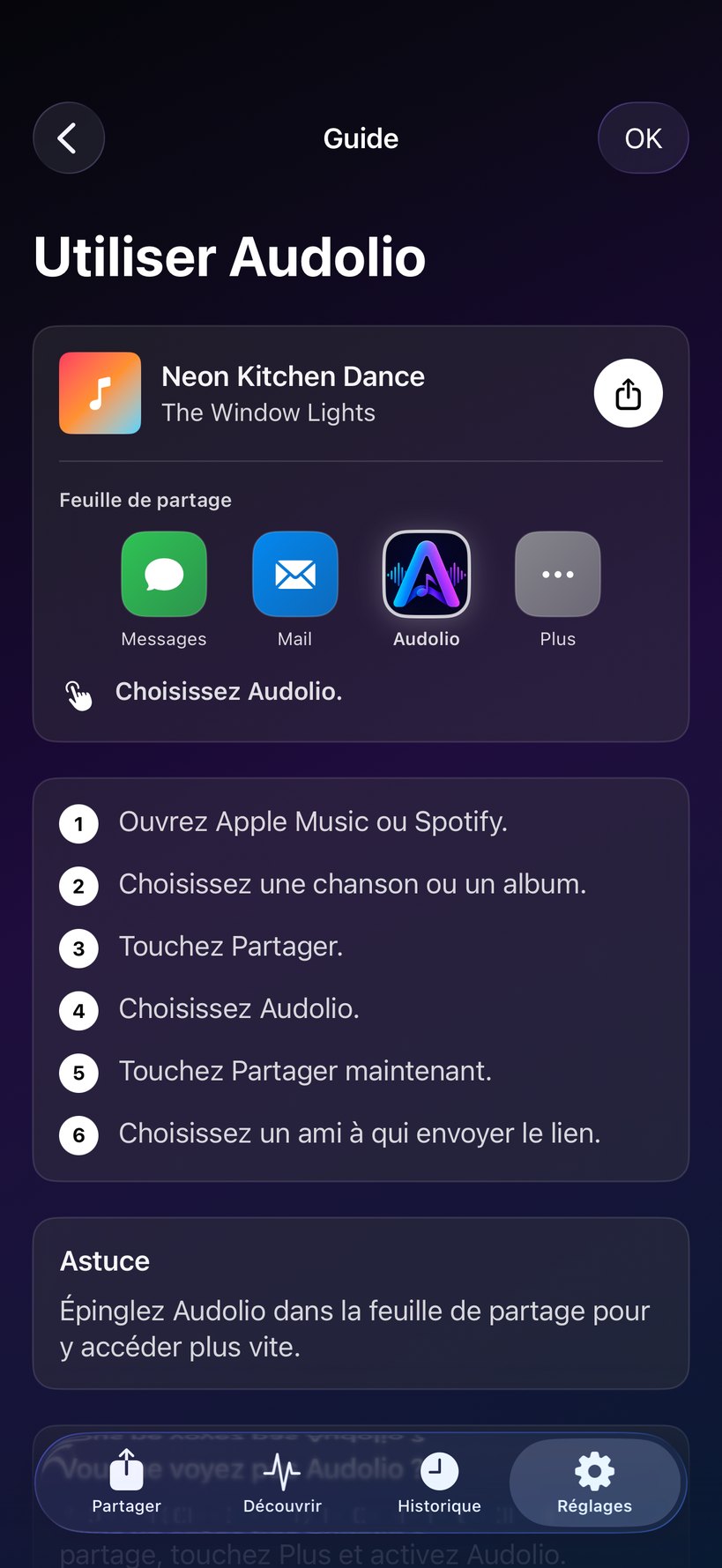 Guide de la feuille de partage Audolio pour Apple Music et Spotify.