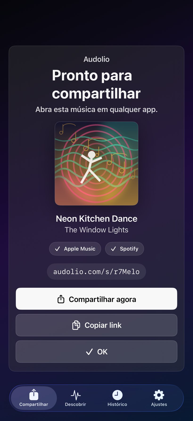 Música ou álbum do Audolio pronto para compartilhar com destinos do Apple Music e Spotify.