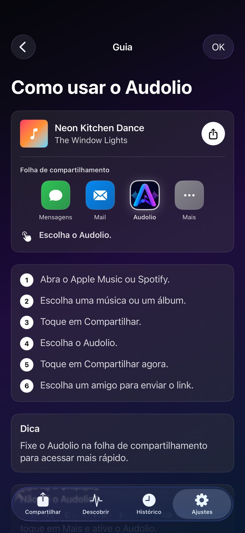 Guia da folha de compartilhamento do Audolio para Apple Music e Spotify.